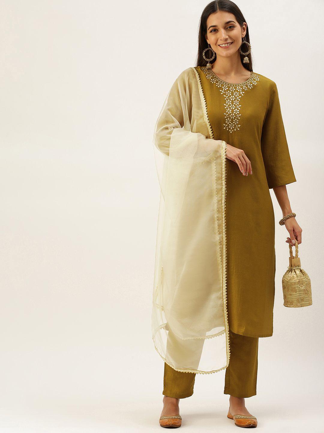 vedic women olive green yoke design gotta patti kurta with trousers & dupatta