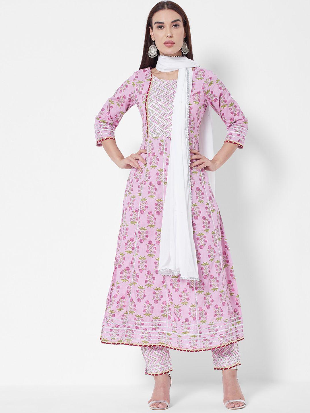 vedic women pink floral printed liva kurta with trousers & with dupatta