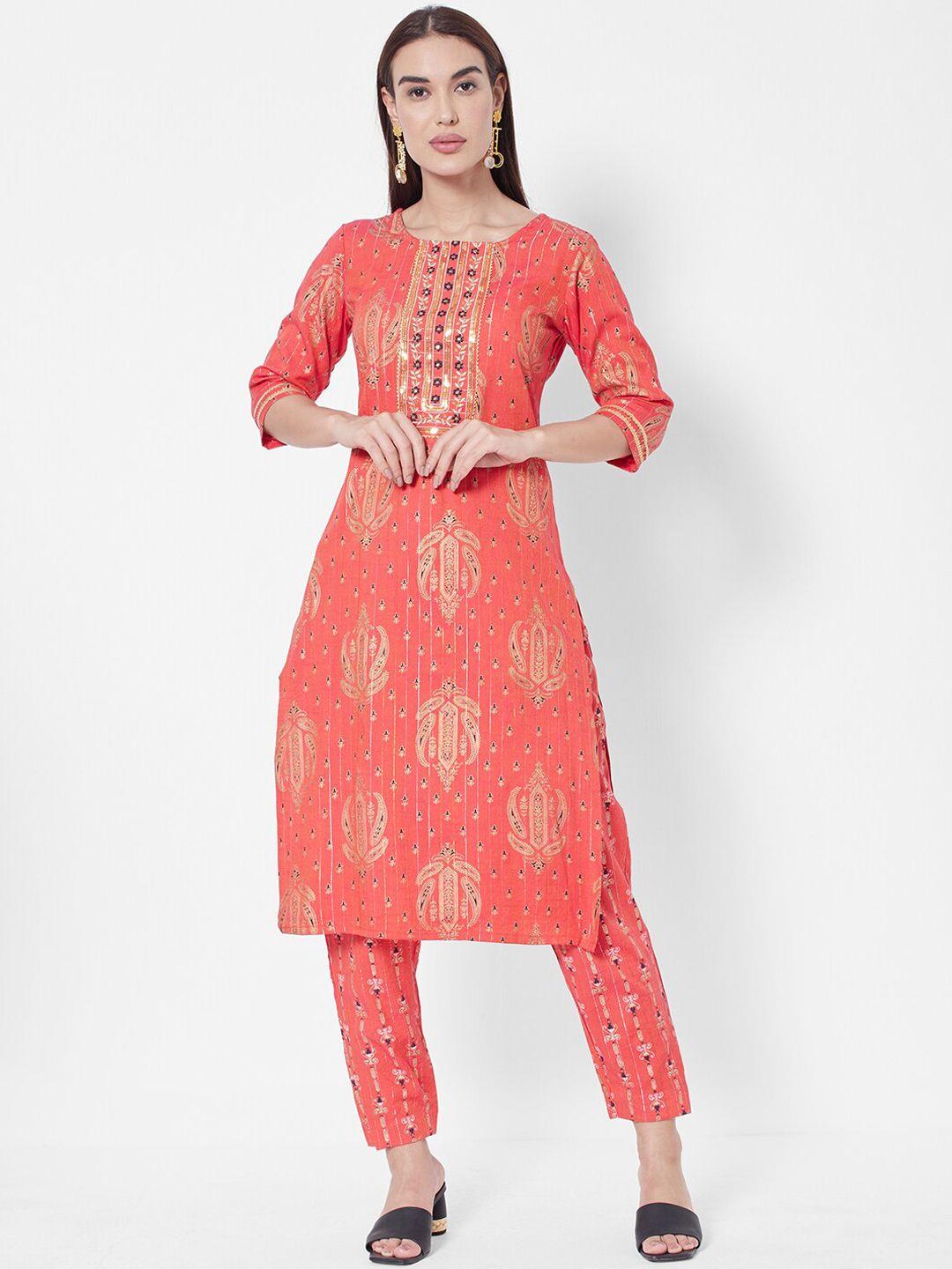 vedic women red ethnic motifs printed liva kurta with trouser