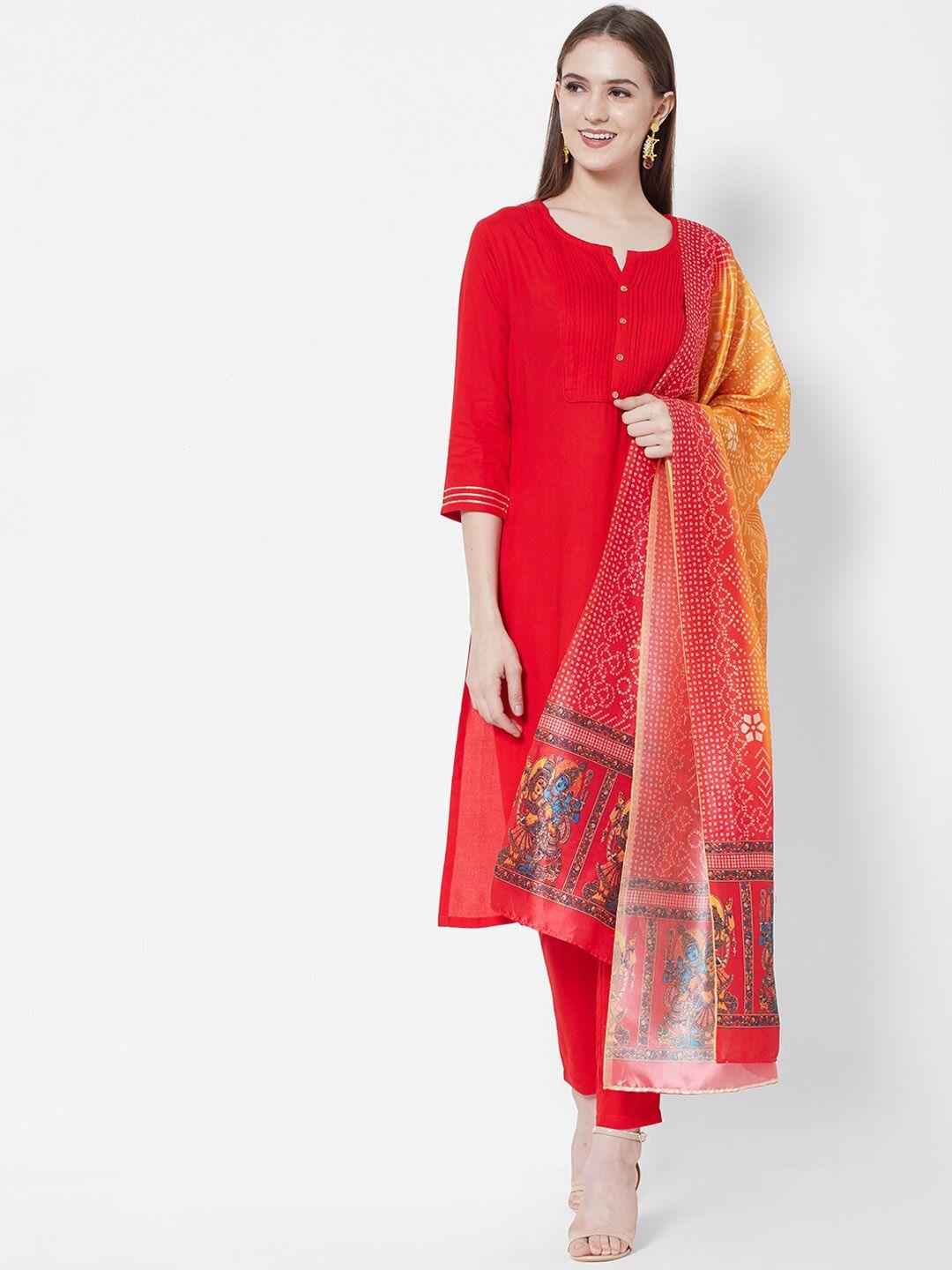 vedic women red solid kurta with churidar & with dupatta