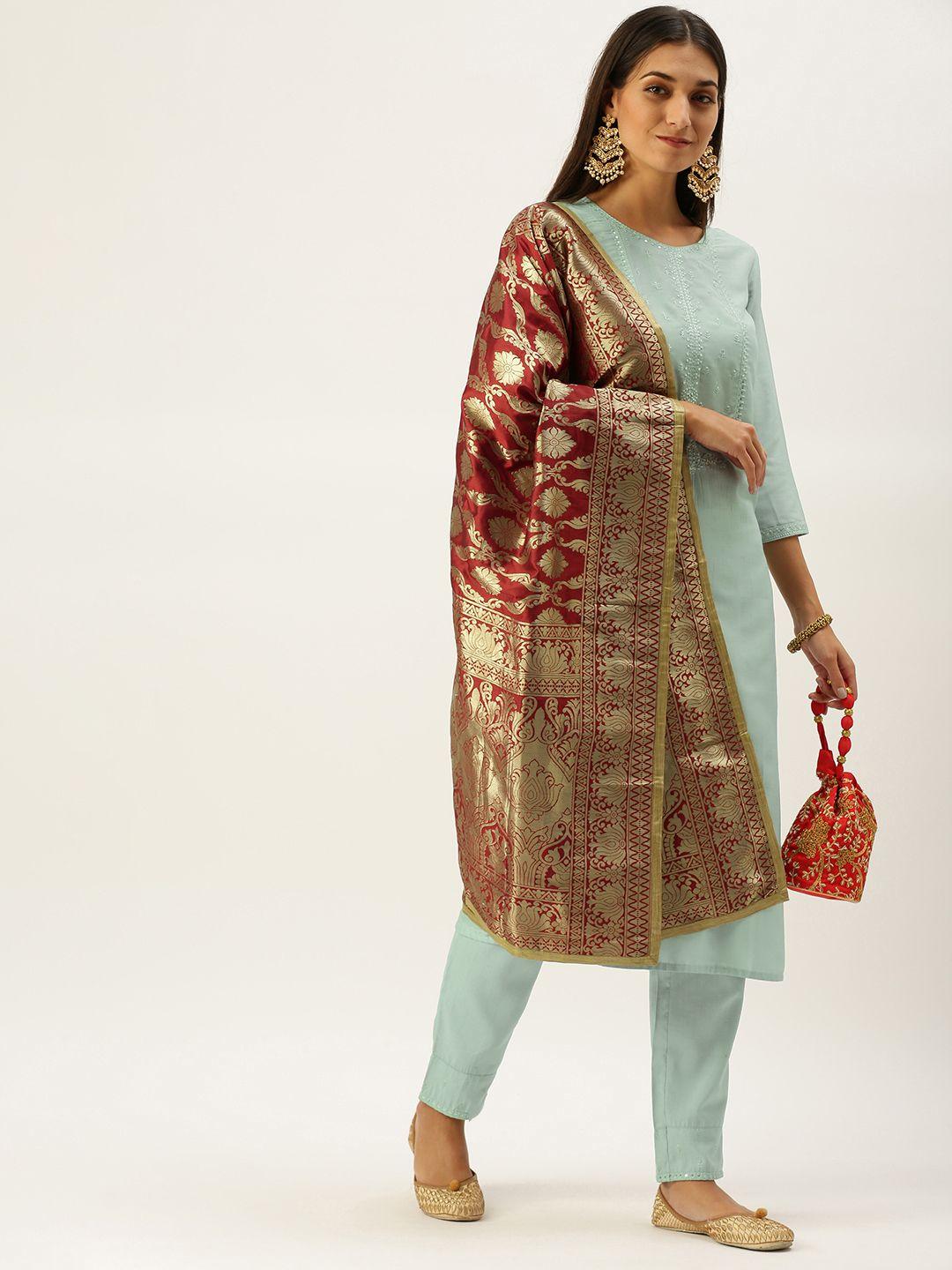 vedic women sage green yoke design sequinned kurta with trousers & dupatta