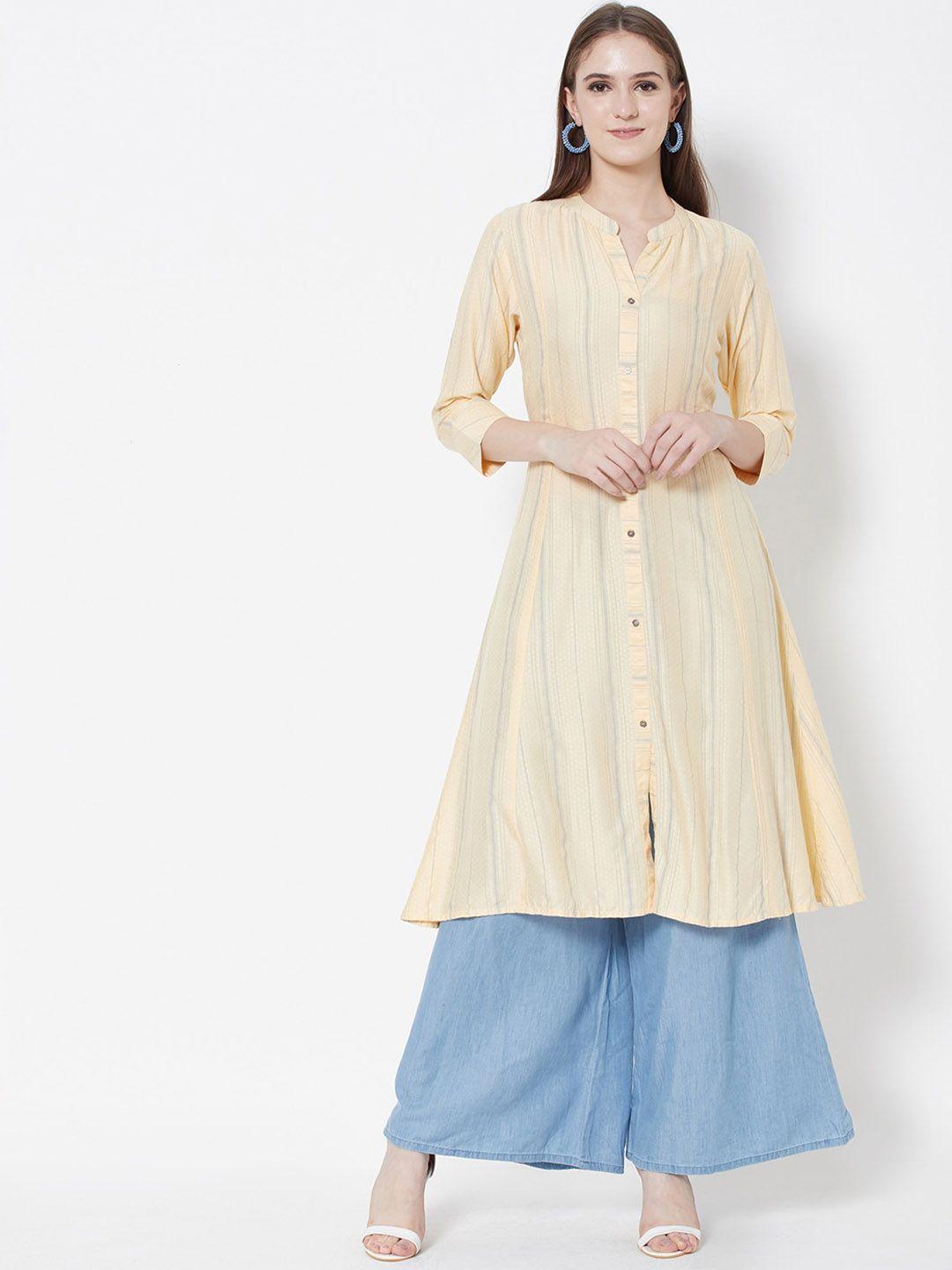 vedic women striped mandarin collar a-line kurta