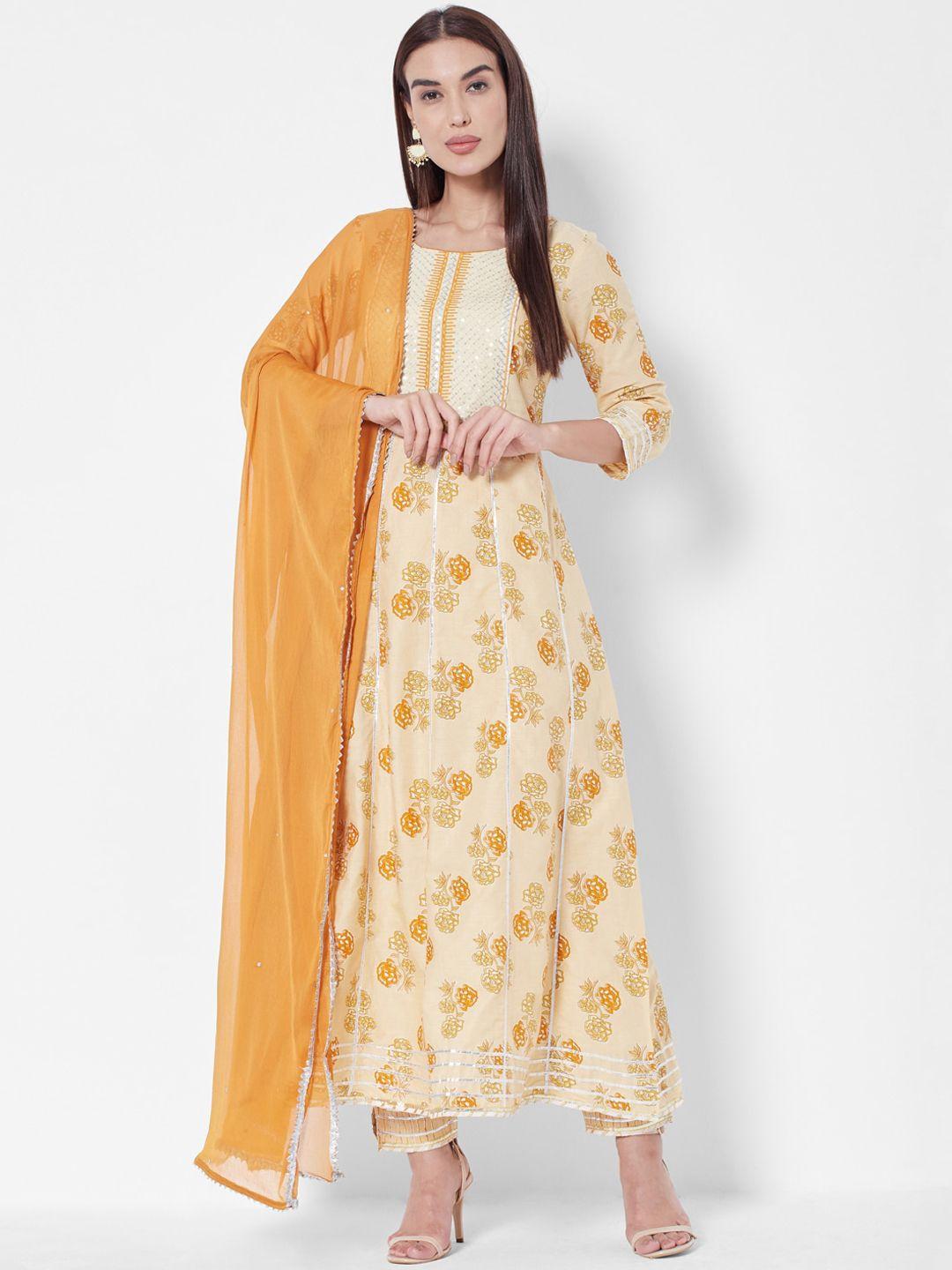 vedic women yellow printed layered liva kurti with trousers & with dupatta