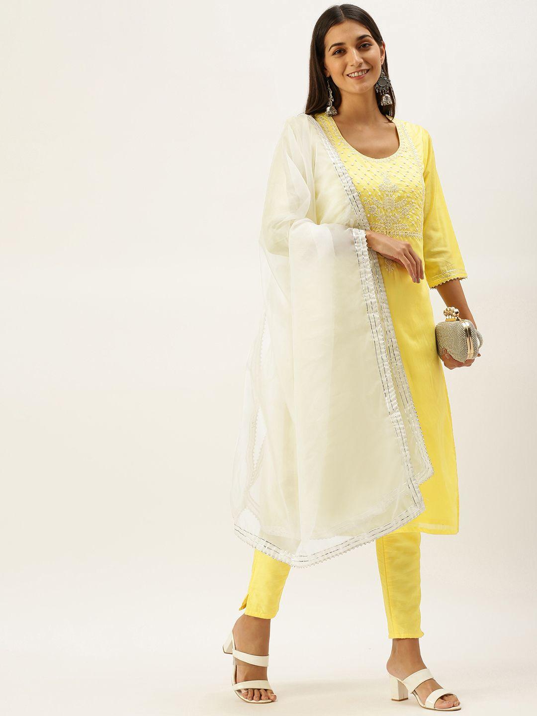 vedic women yellow yoke design sequinned chanderi cotton kurta with trousers & dupatta