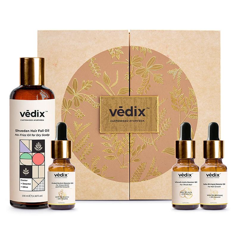 vedix base+booster oil combo for hair fall - dry scalp - shvedan no frizz hair oil -4 product kit