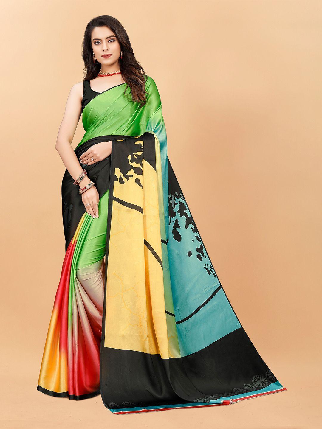 veechis green & black floral satin saree