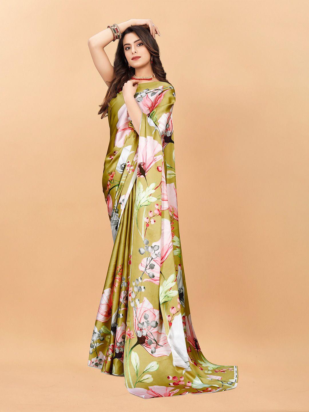 veechis green & pink floral satin saree