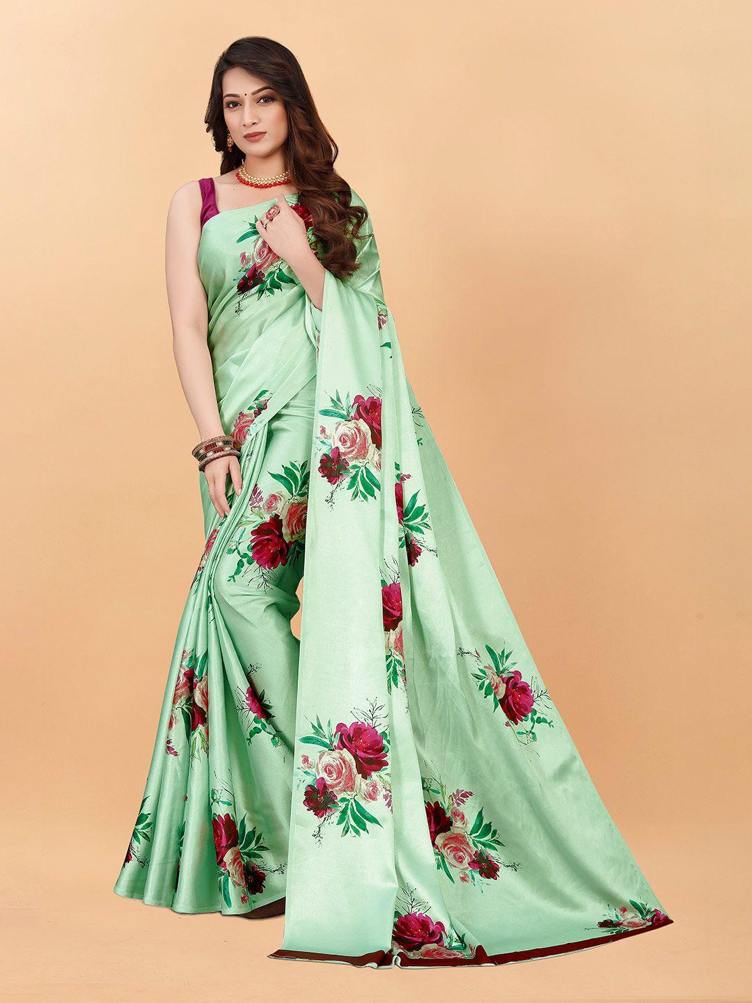 veechis green & red floral satin saree