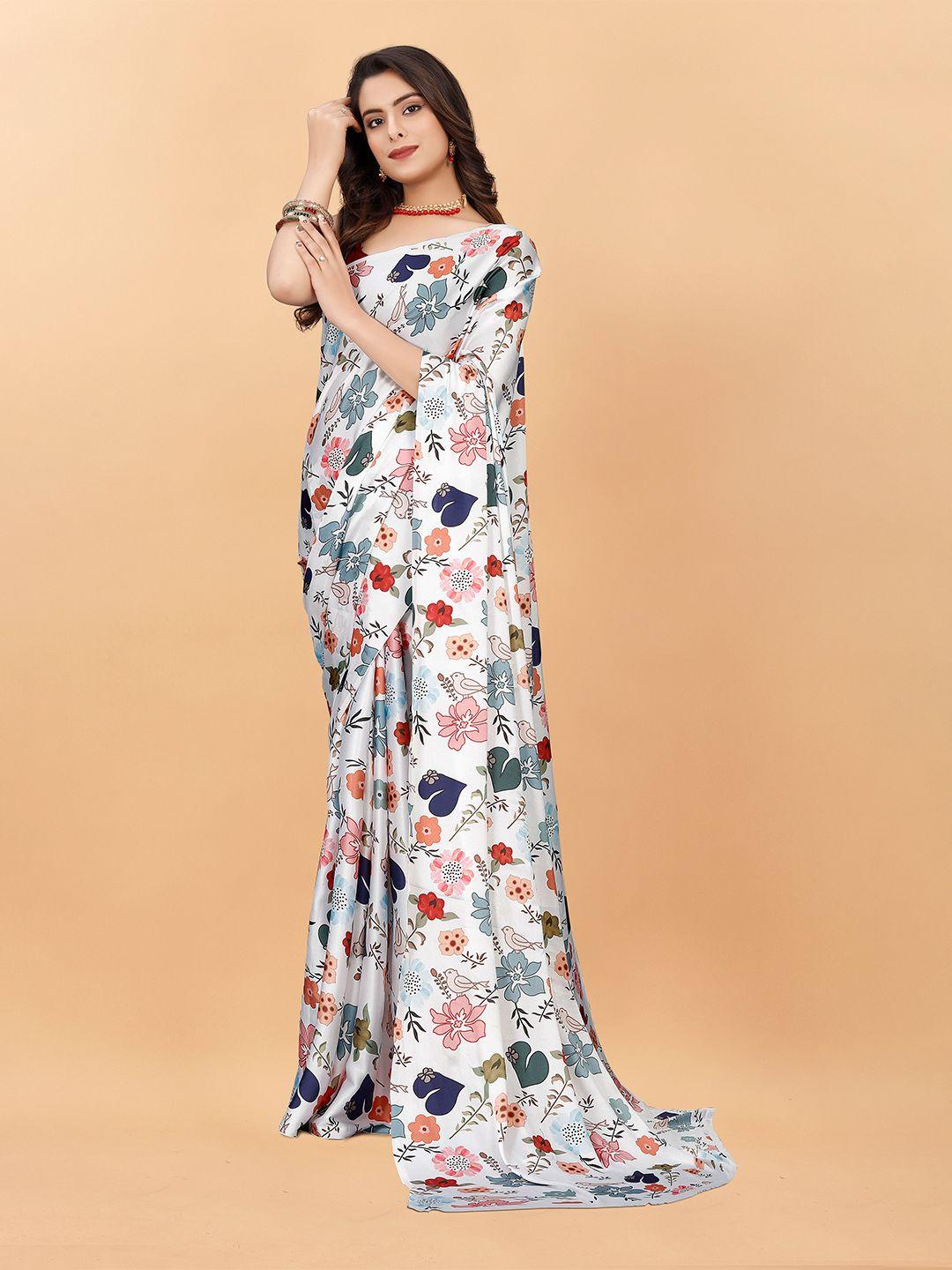 veechis white & navy blue floral satin saree