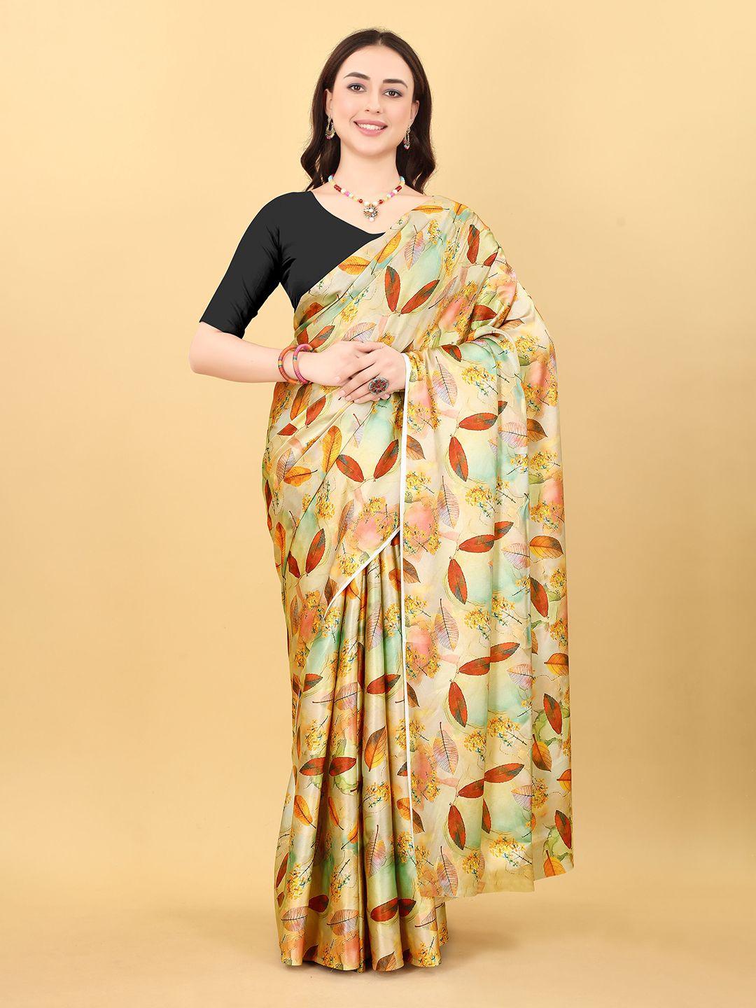 veechis yellow & red floral satin saree