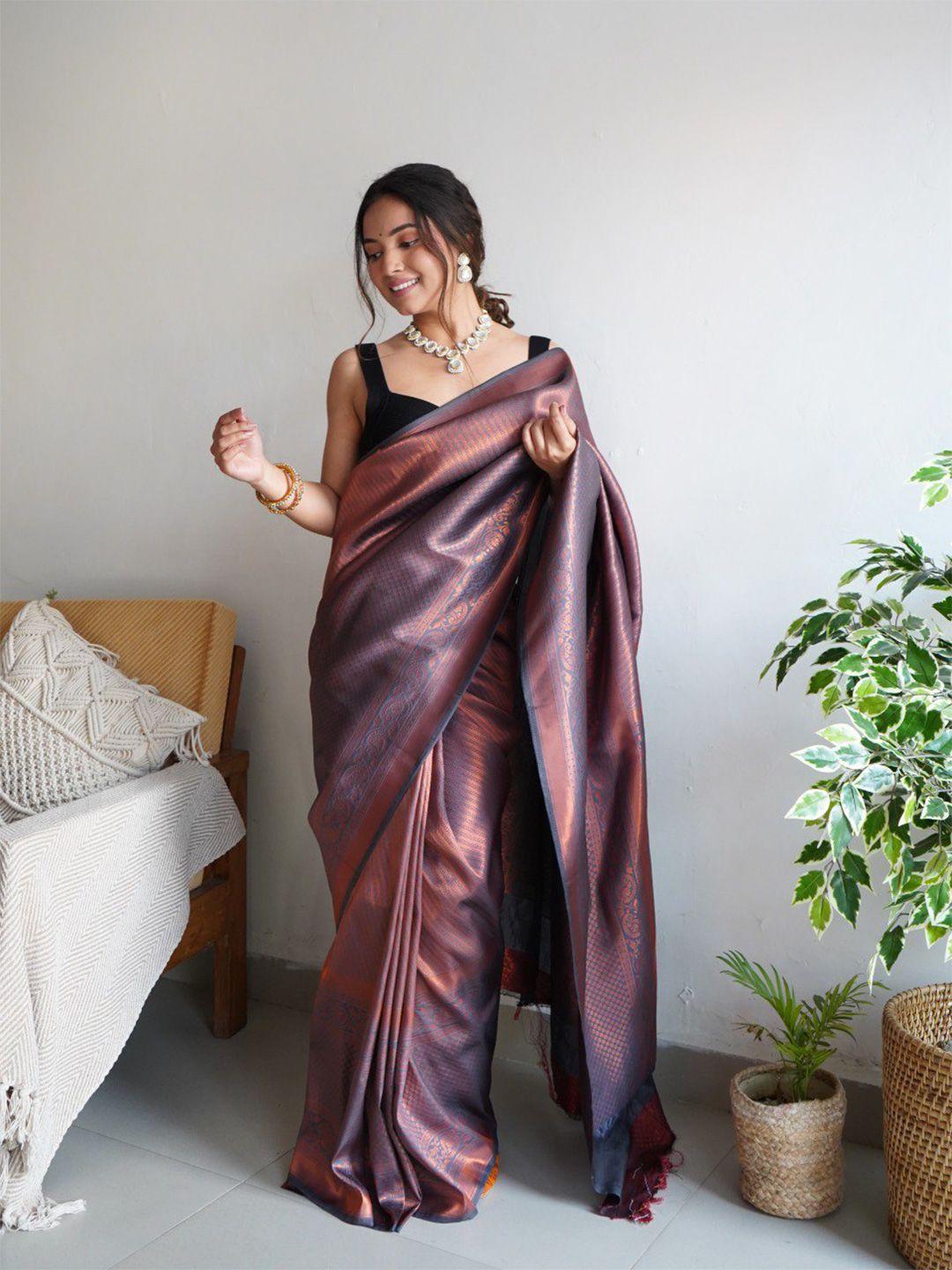 veerax blue & copper-toned woven design zari silk blend banarasi saree