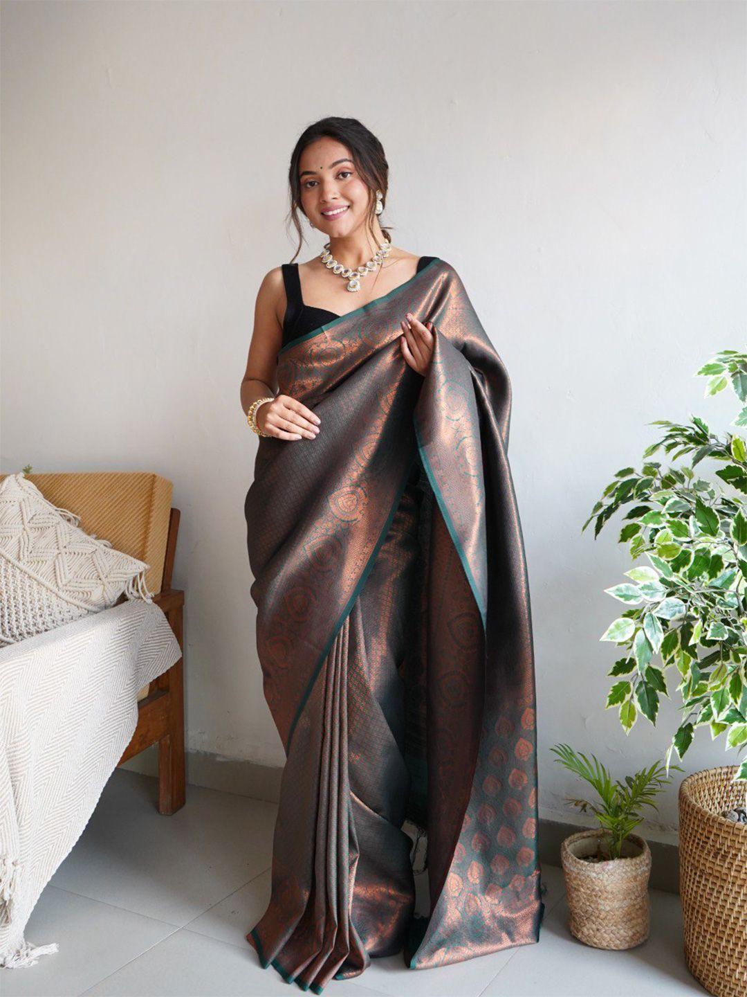 veerax grey & gold-toned woven design zari silk blend banarasi saree