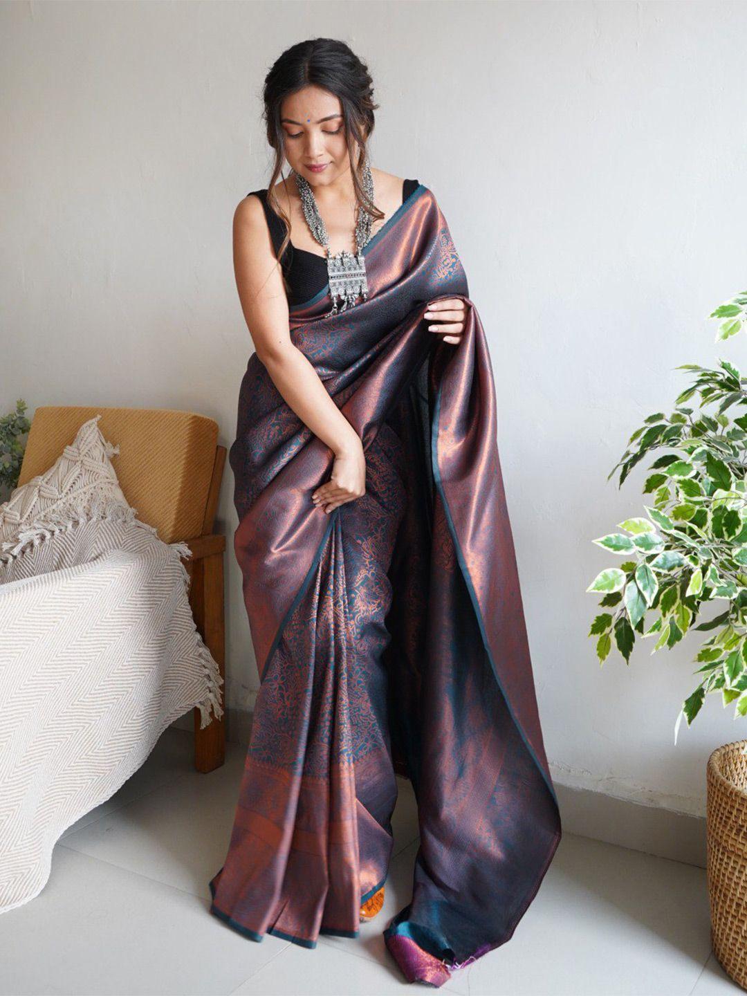 veerax purple & gold-toned woven design zari silk blend banarasi saree