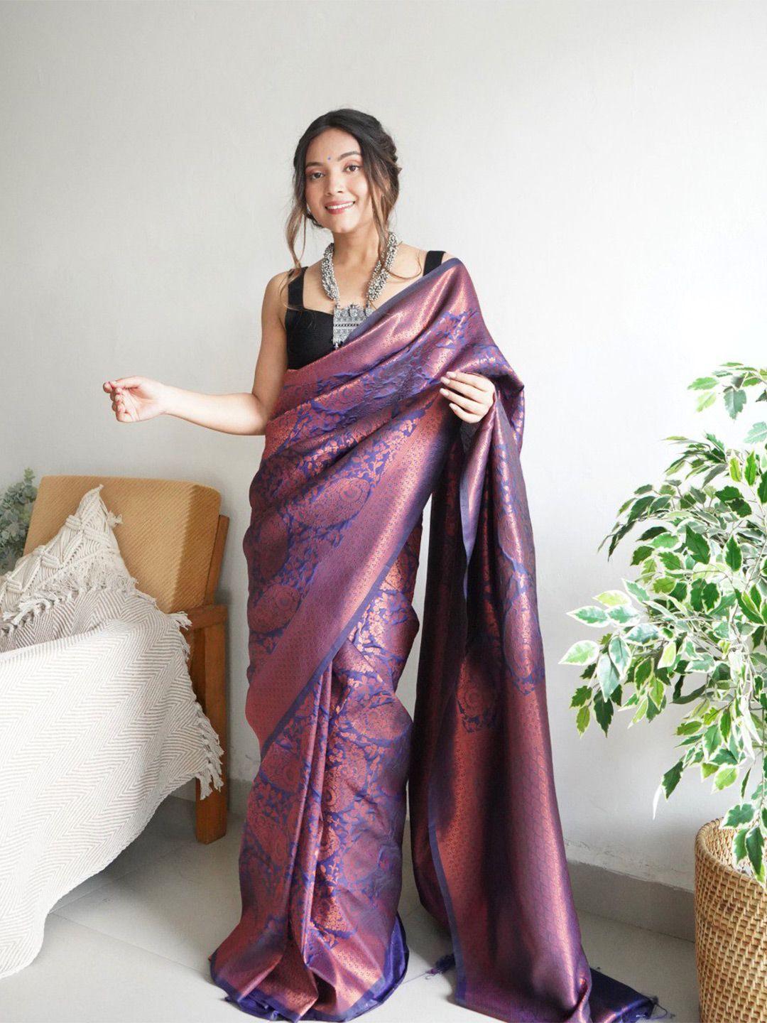 veerax purple & gold-toned woven design zari silk blend banarasi saree