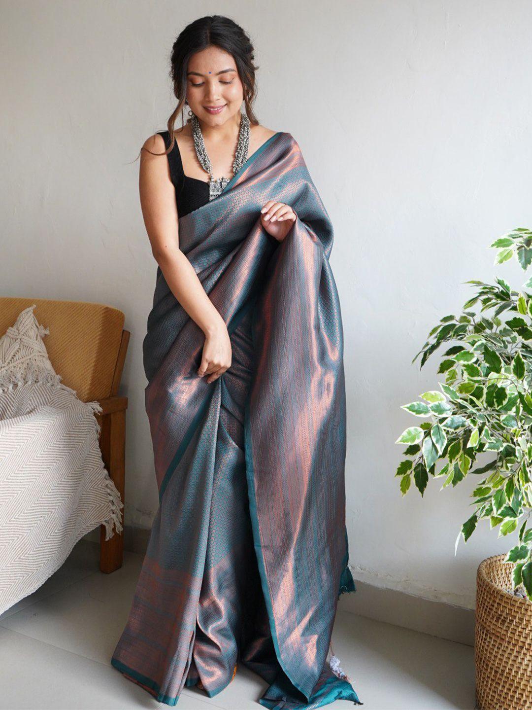 veerax turquoise blue & copper-toned woven design zari silk blend banarasi saree