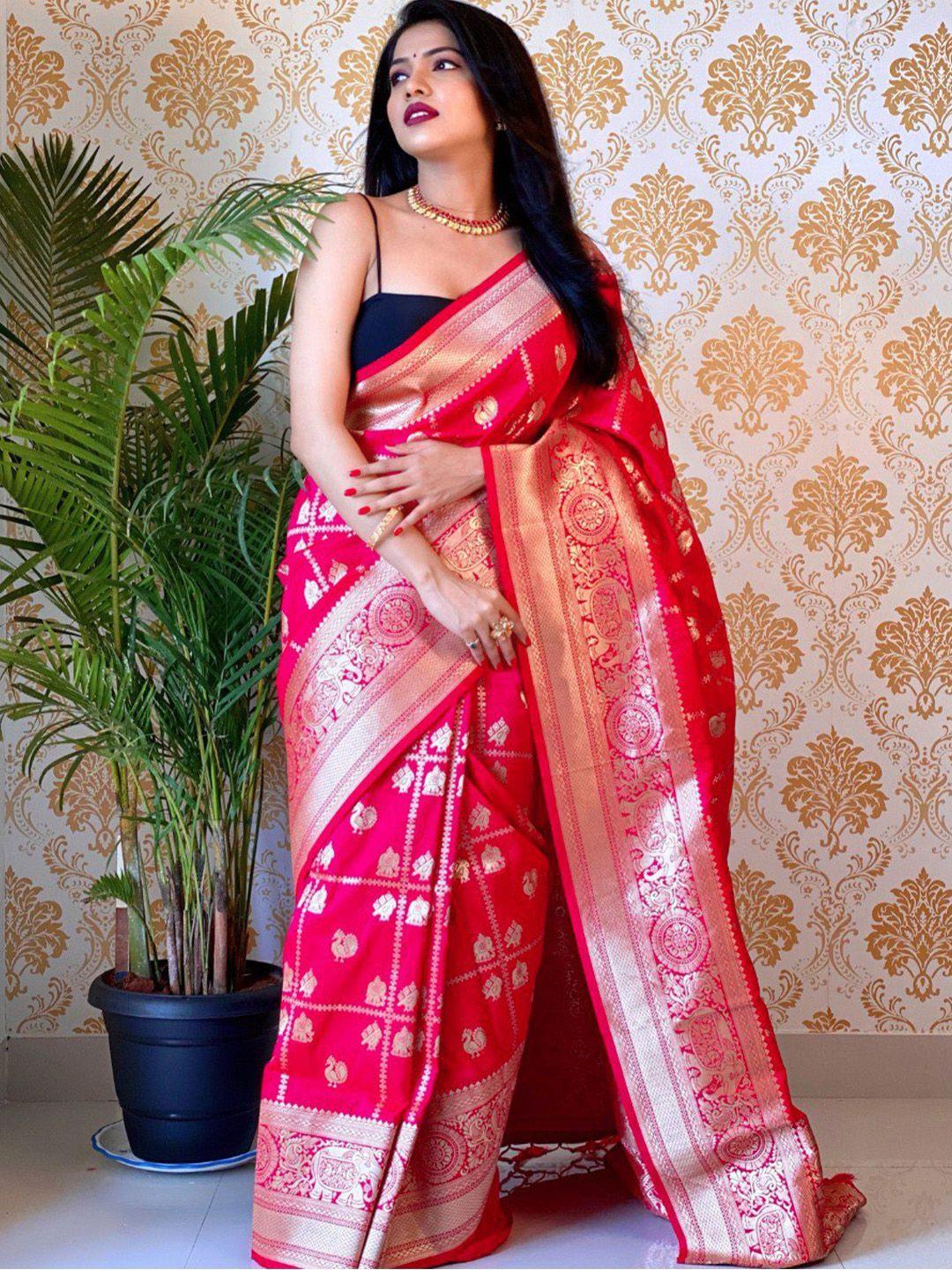 veerax pink & gold-toned woven design zari pure silk banarasi saree