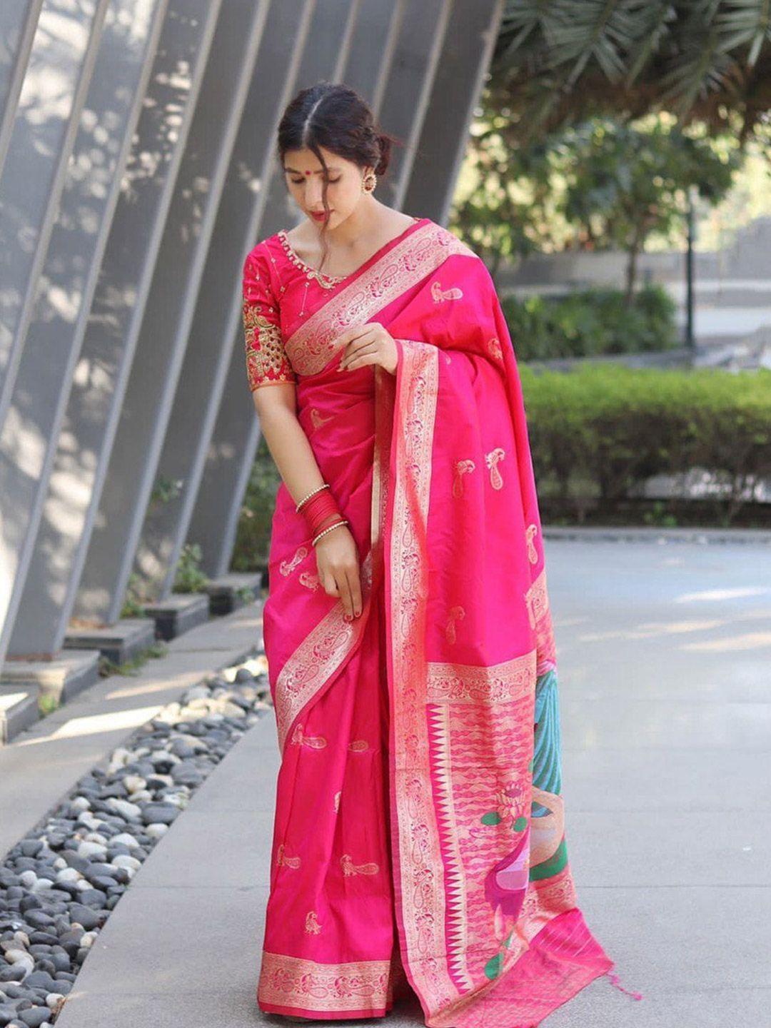 veerax pink & gold-toned woven design zari pure silk banarasi saree