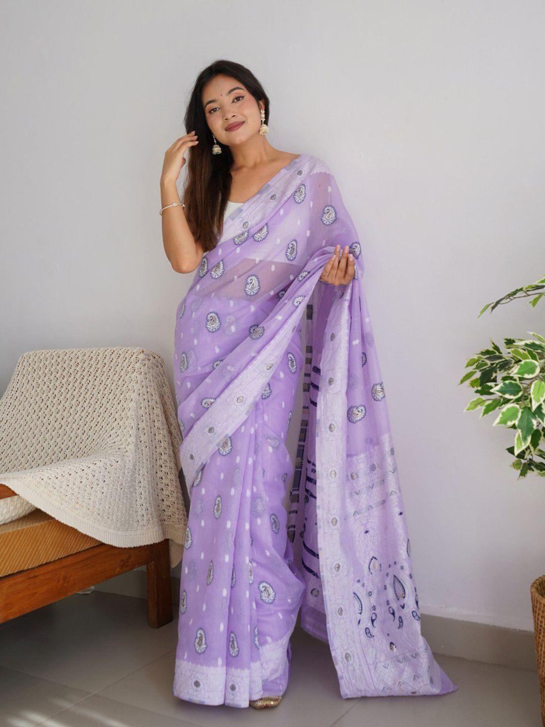 veerax purple & white woven design zari silk cotton banarasi saree