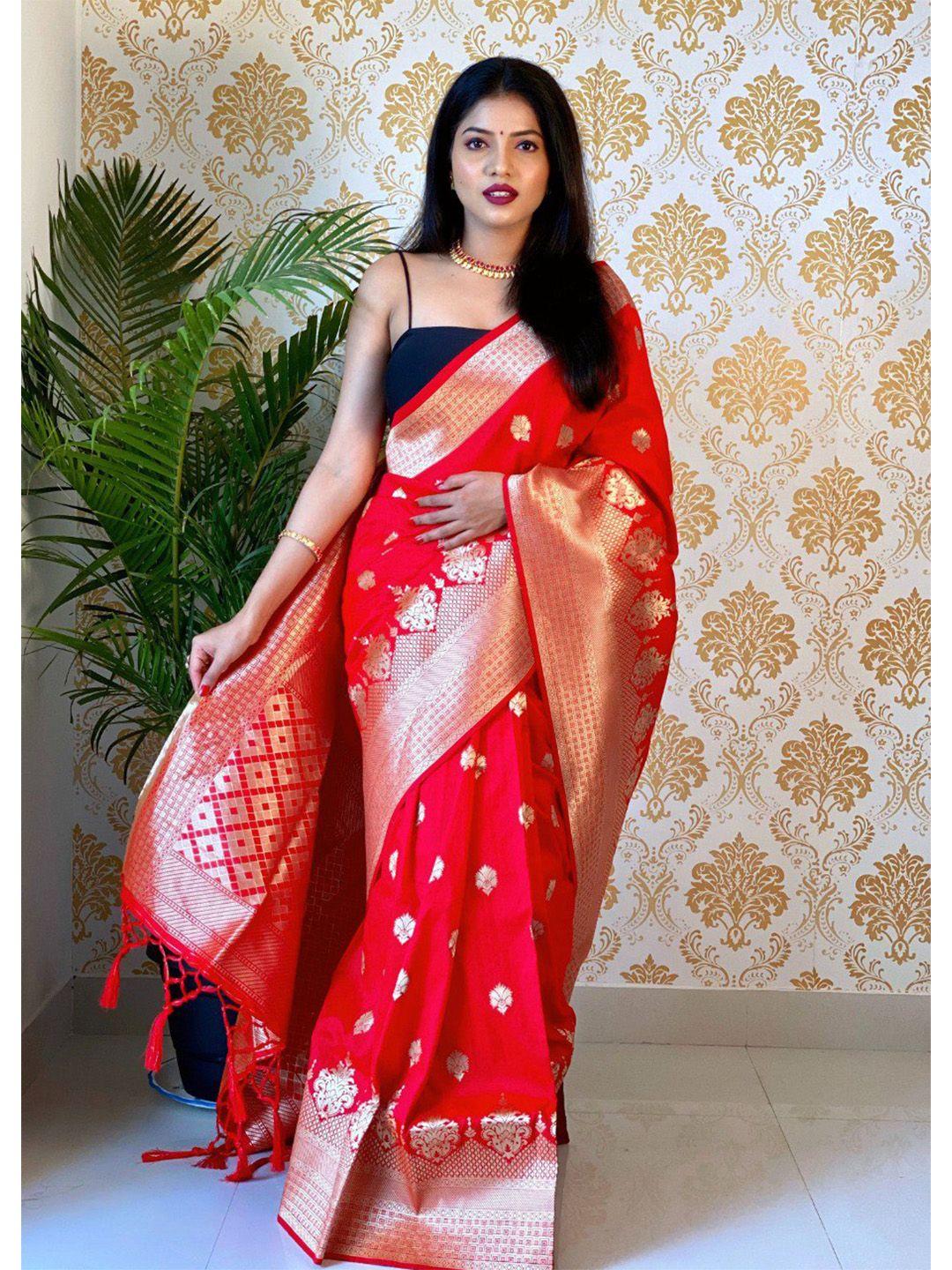 veerax red & gold-toned woven design zari pure silk banarasi saree