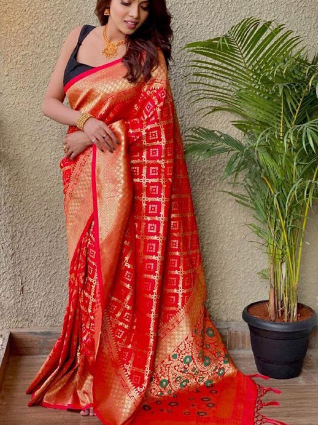 veerax red & gold-toned woven design zari pure silk banarasi saree