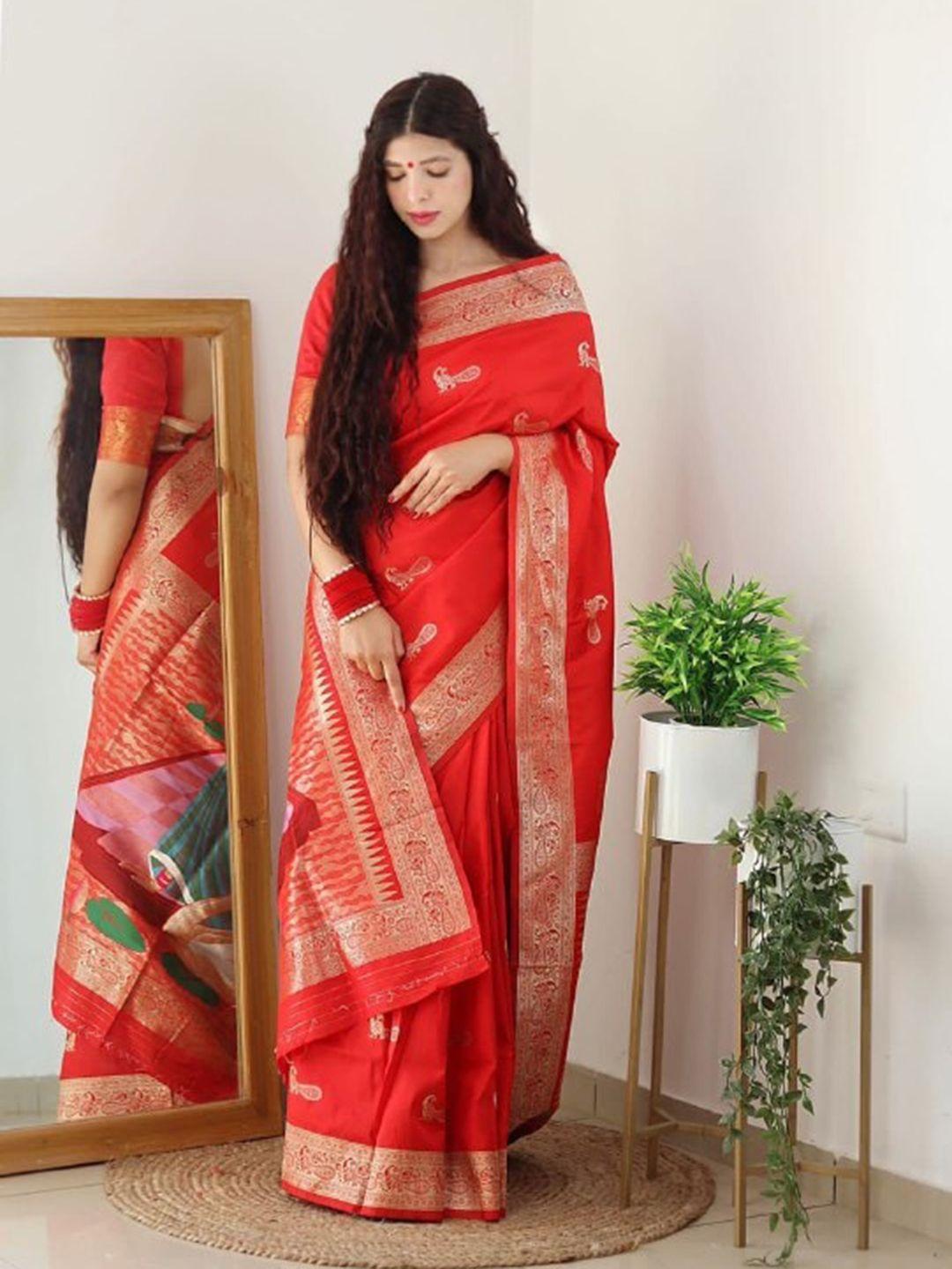 veerax red & gold-toned woven design zari pure silk banarasi saree