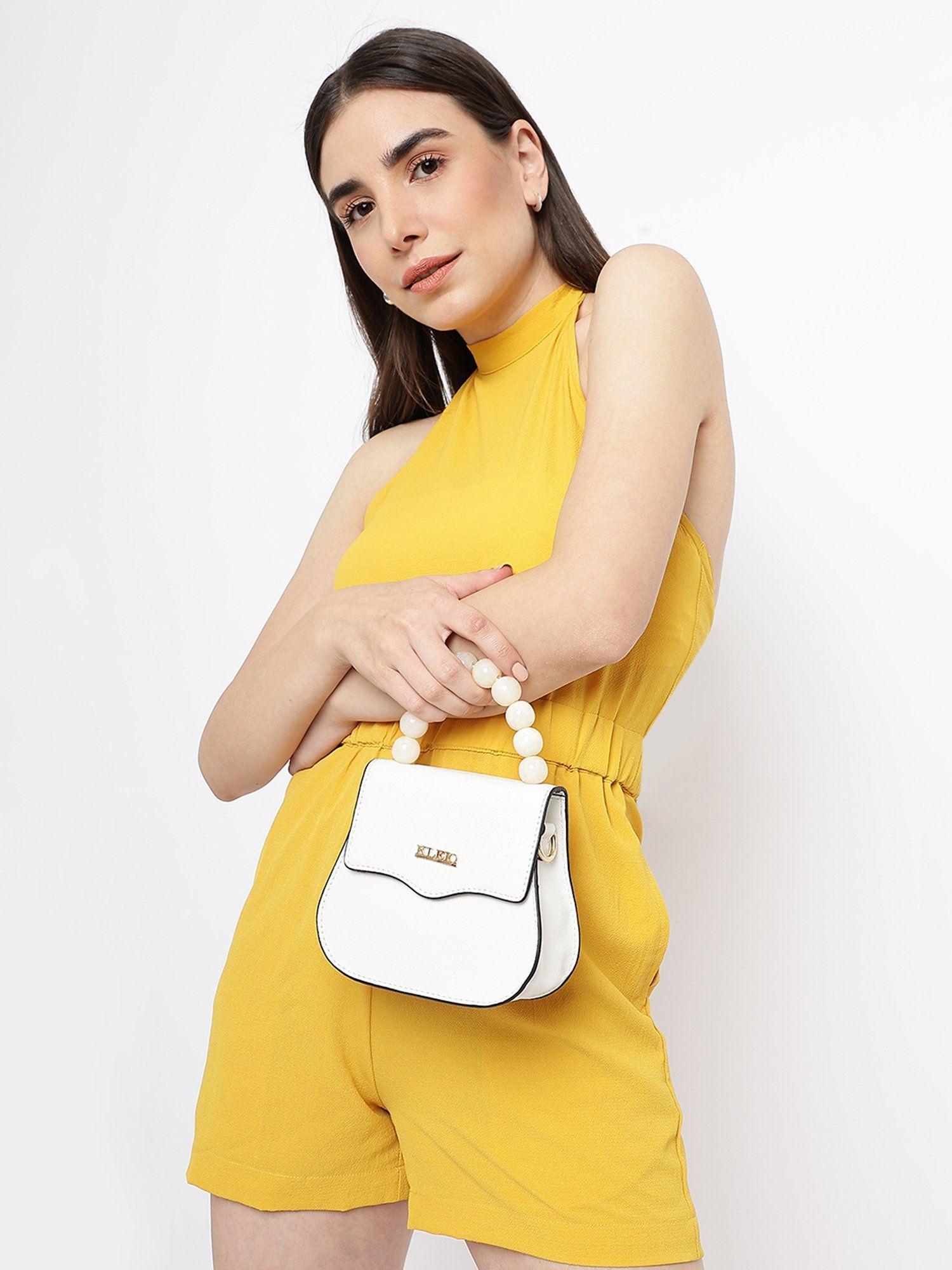 vegan leather top handle mini handbag with detachable sling for crossbody-white
