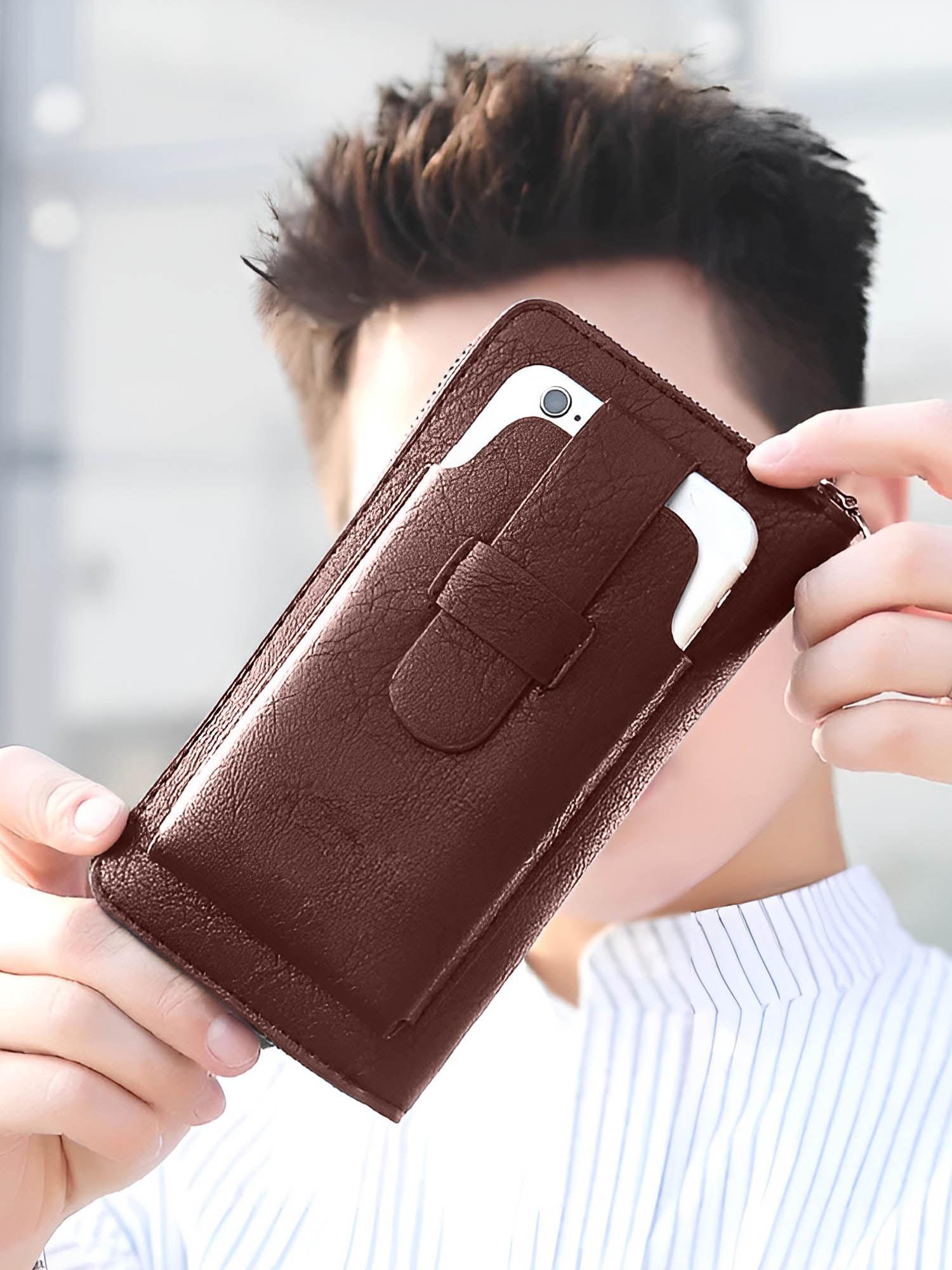 vegan leather unisex wallet with mobile holder - brown