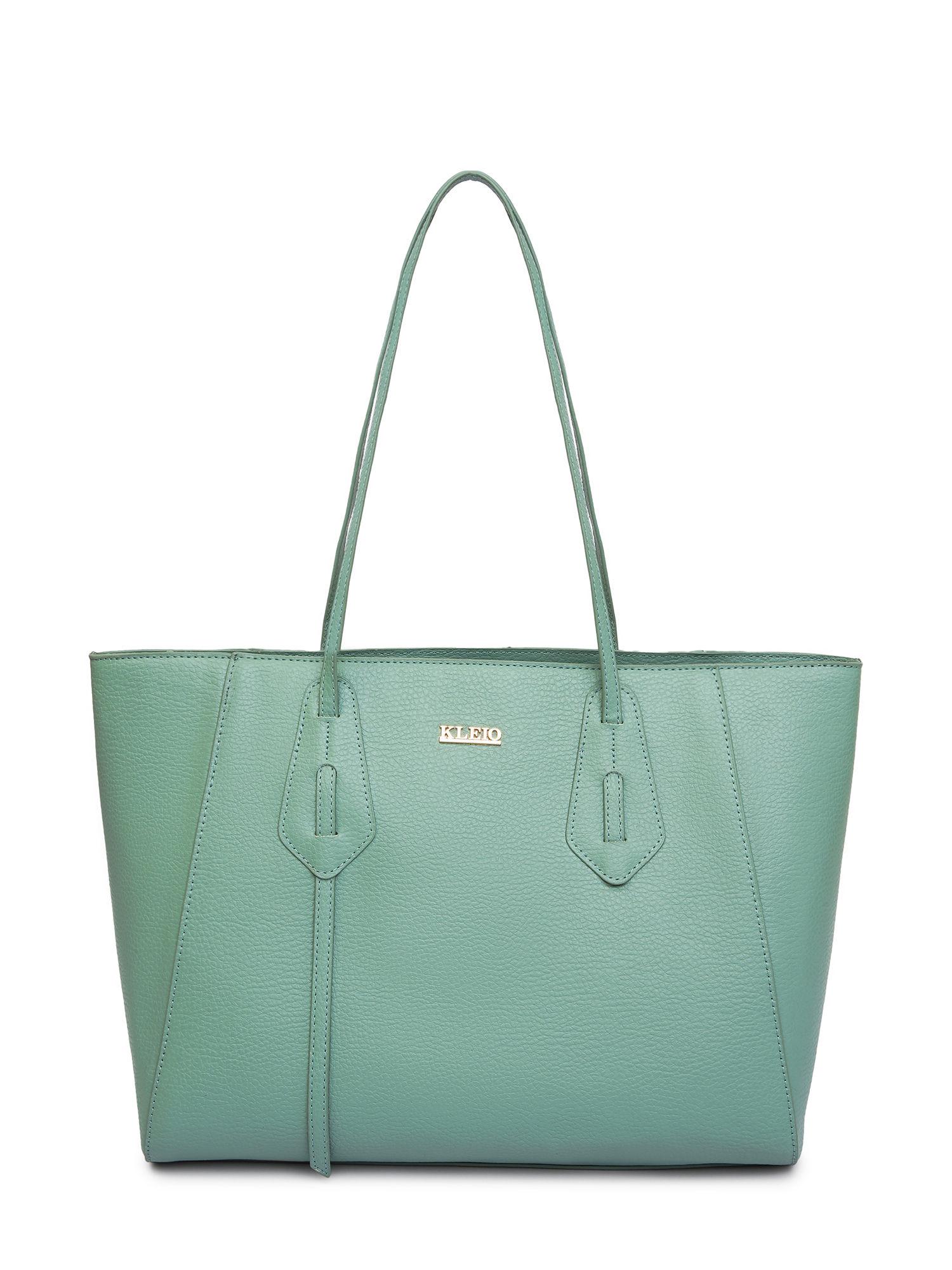 vegan leather zipper tote handbag with laptop compatment14" sleek for women - green