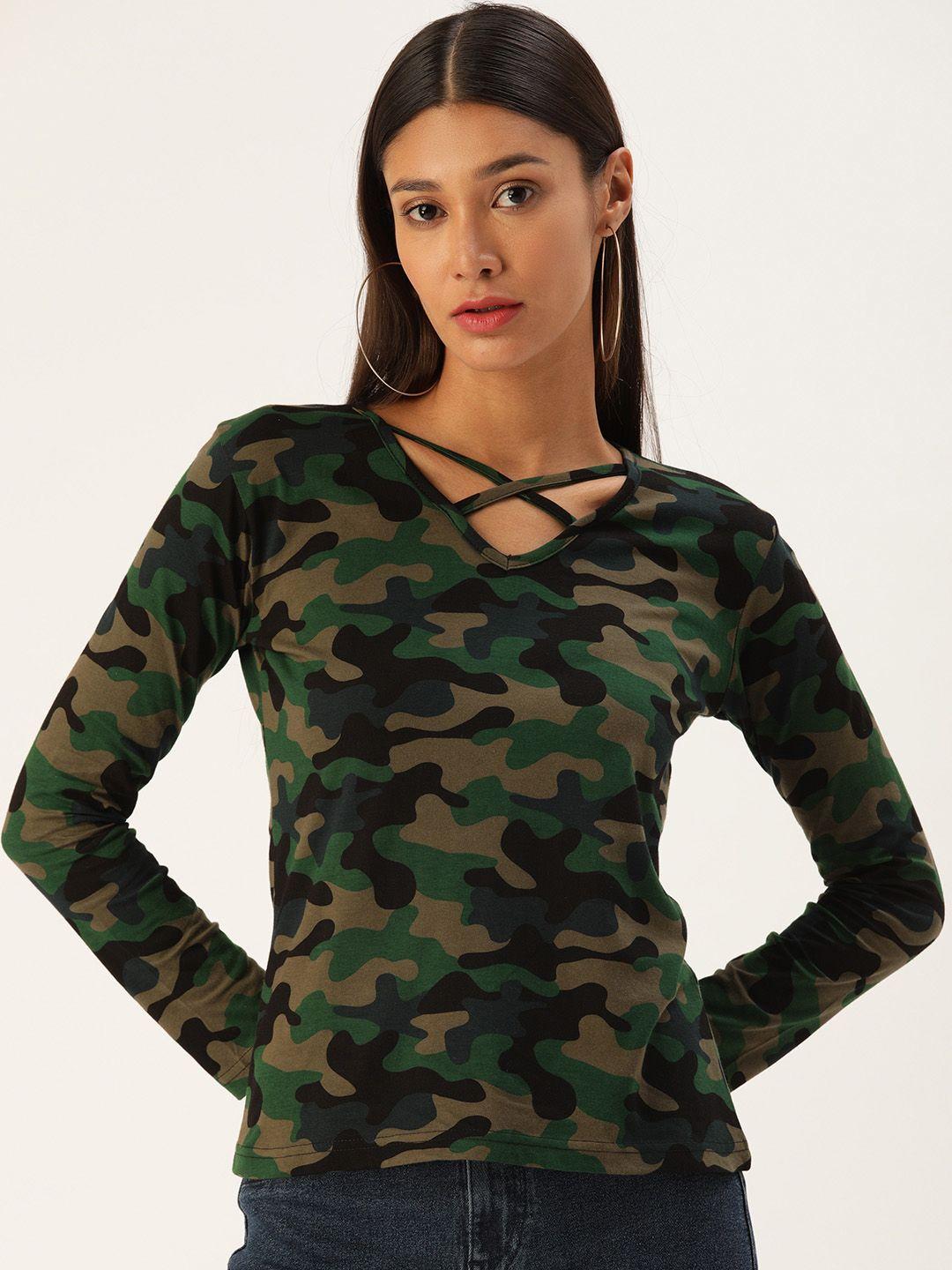 veirdo women olive green & black camouflage print v-neck criss-cross t-shirt