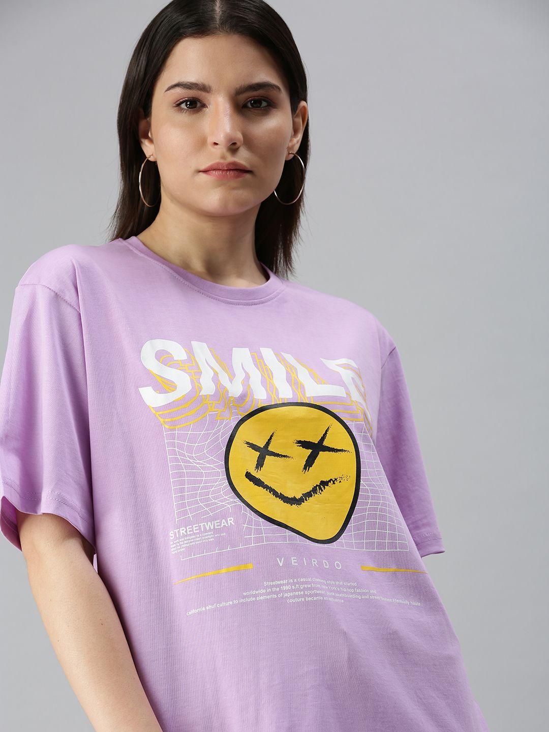 veirdo women purple printed loose cotton t-shirt