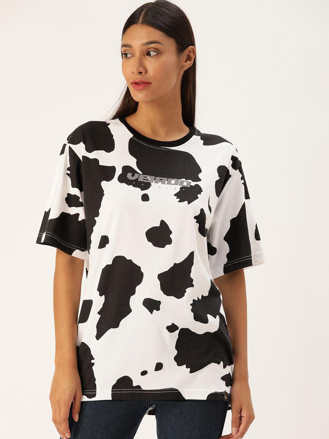 veirdo women white & black cow print print loose round neck longline t-shirt