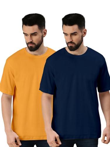 veirdo® navy & mustard oversized baggy fit drop shoulder half sleeves round neck solid pure cotton t-shirt for men (po2_os_100_ny_mt_xxl)