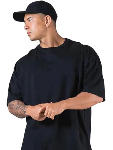 veirdo®black oversized baggy fit drop shoulder half sleeves round neck solid pure cotton t-shirt for men (os_100_black_xxl)