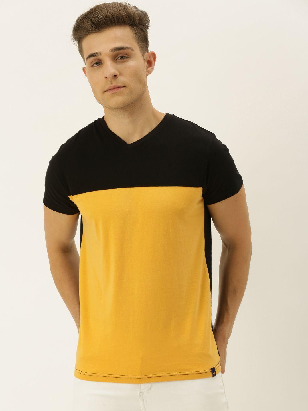 veirdo men black  yellow colourblocked v-neck pure cotton t-shirt