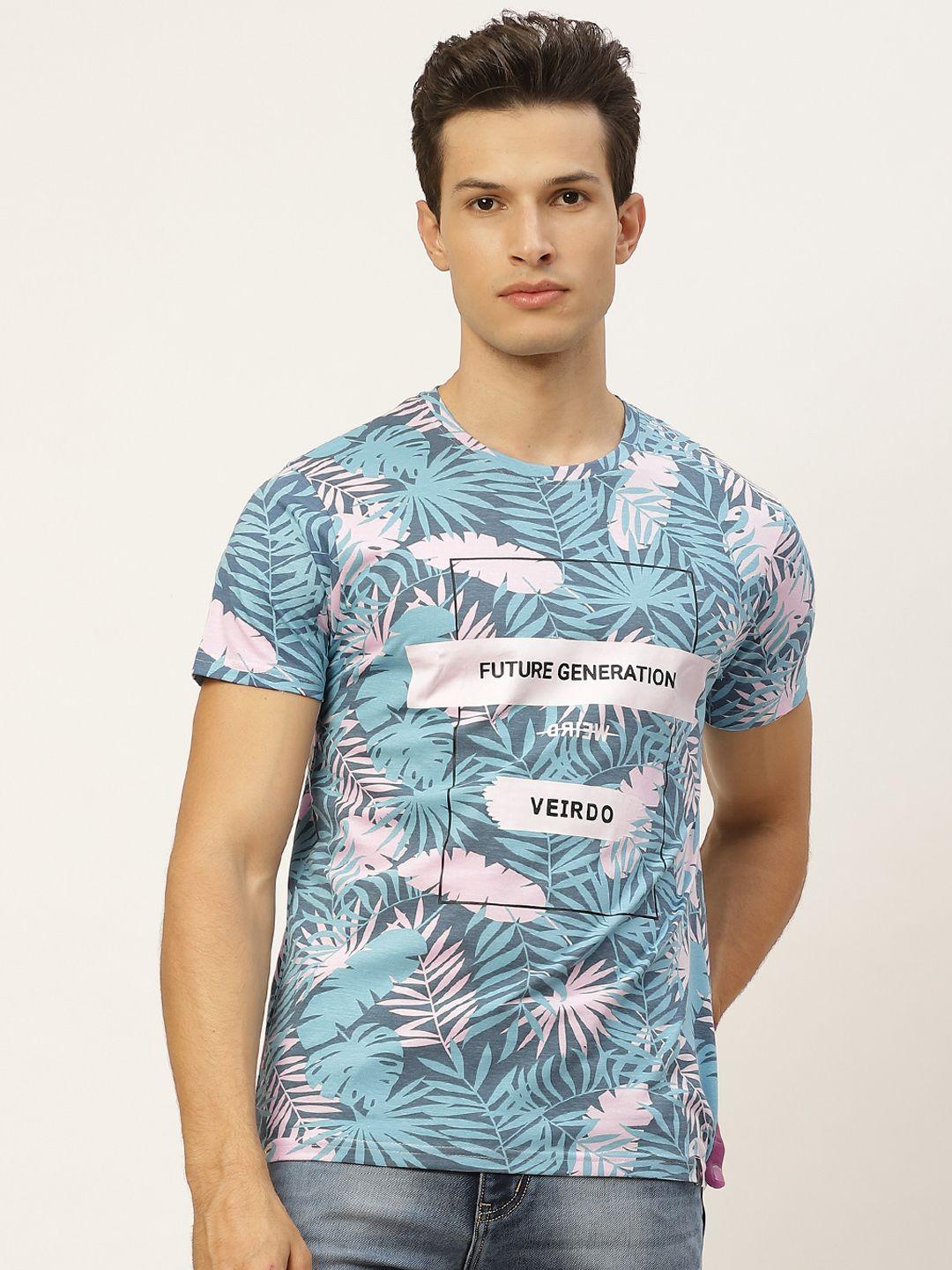 veirdo men blue & pink pure cotton floral print round neck t-shirt