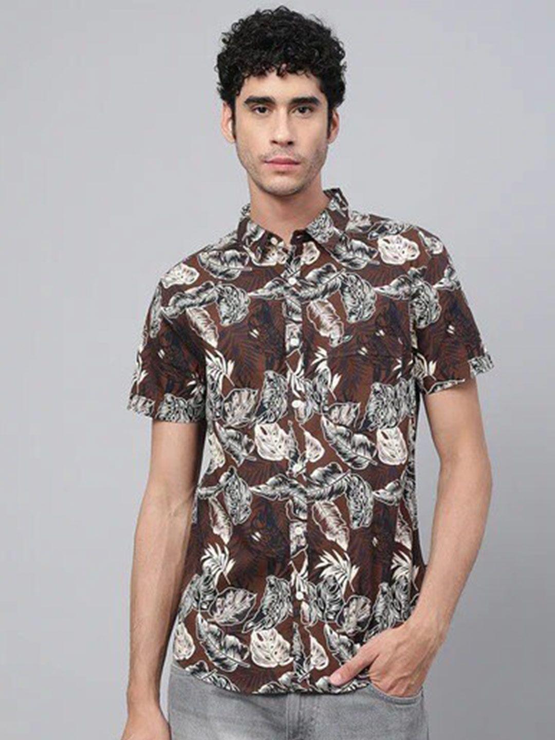 veirdo men brown original floral printed pure cotton casual shirt