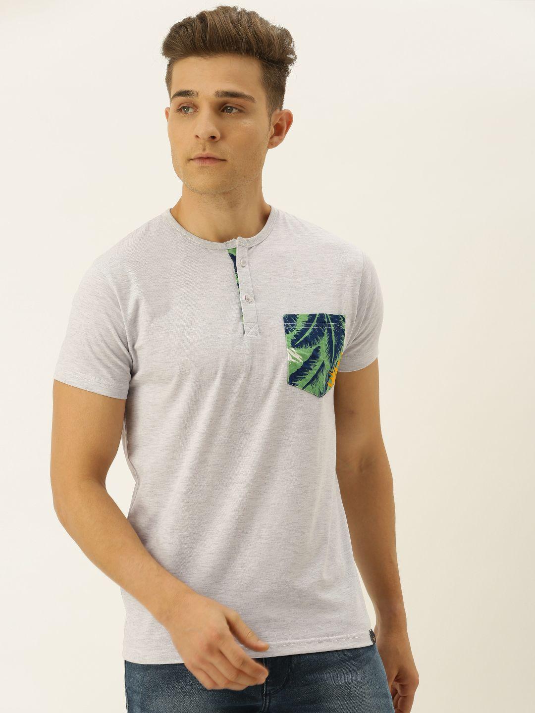 veirdo men grey solid henley neck t-shirt with pocket detailing