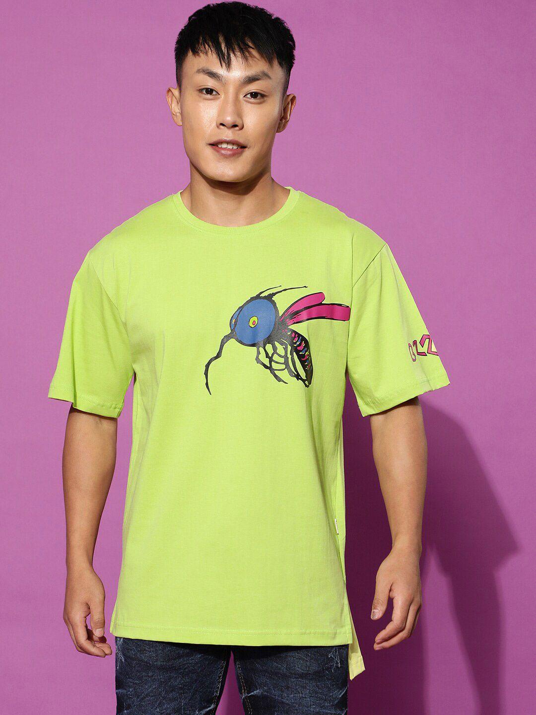 veirdo men lime green colourblocked applique t-shirt