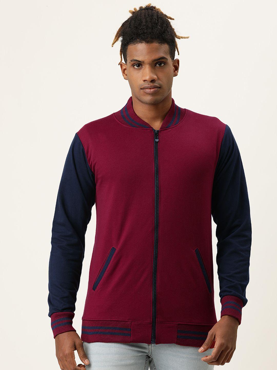 veirdo men maroon navy blue colourblocked fleece lightweight tailored jacket