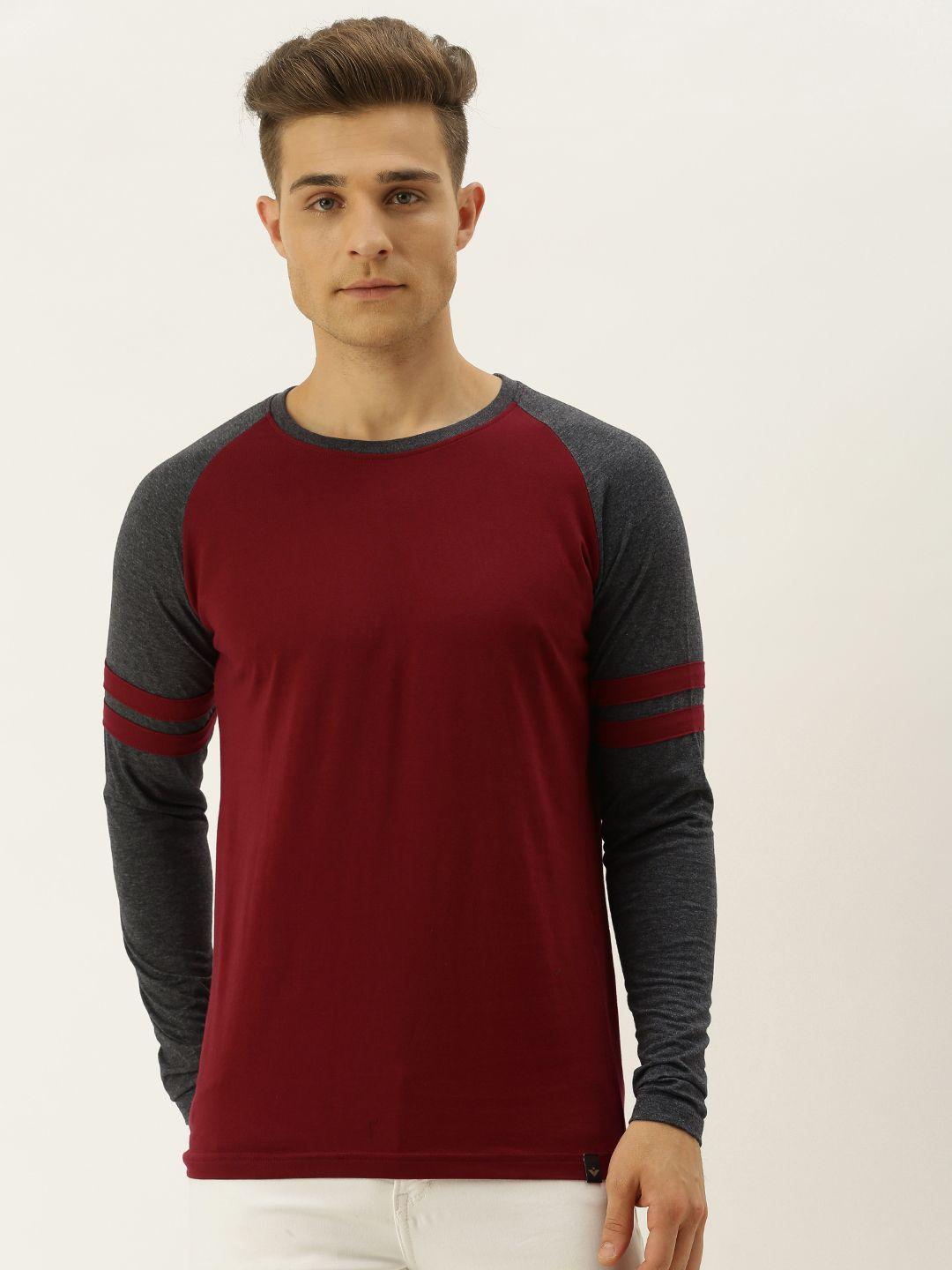 veirdo men maroon solid round neck contrast sleeve pure cotton t-shirt