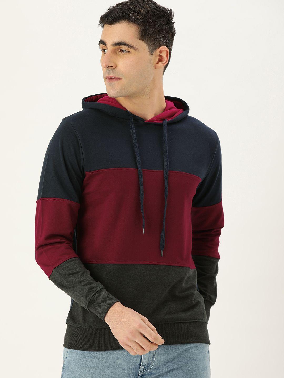 veirdo men navy blue & red colourblocked hooded sweatshirt