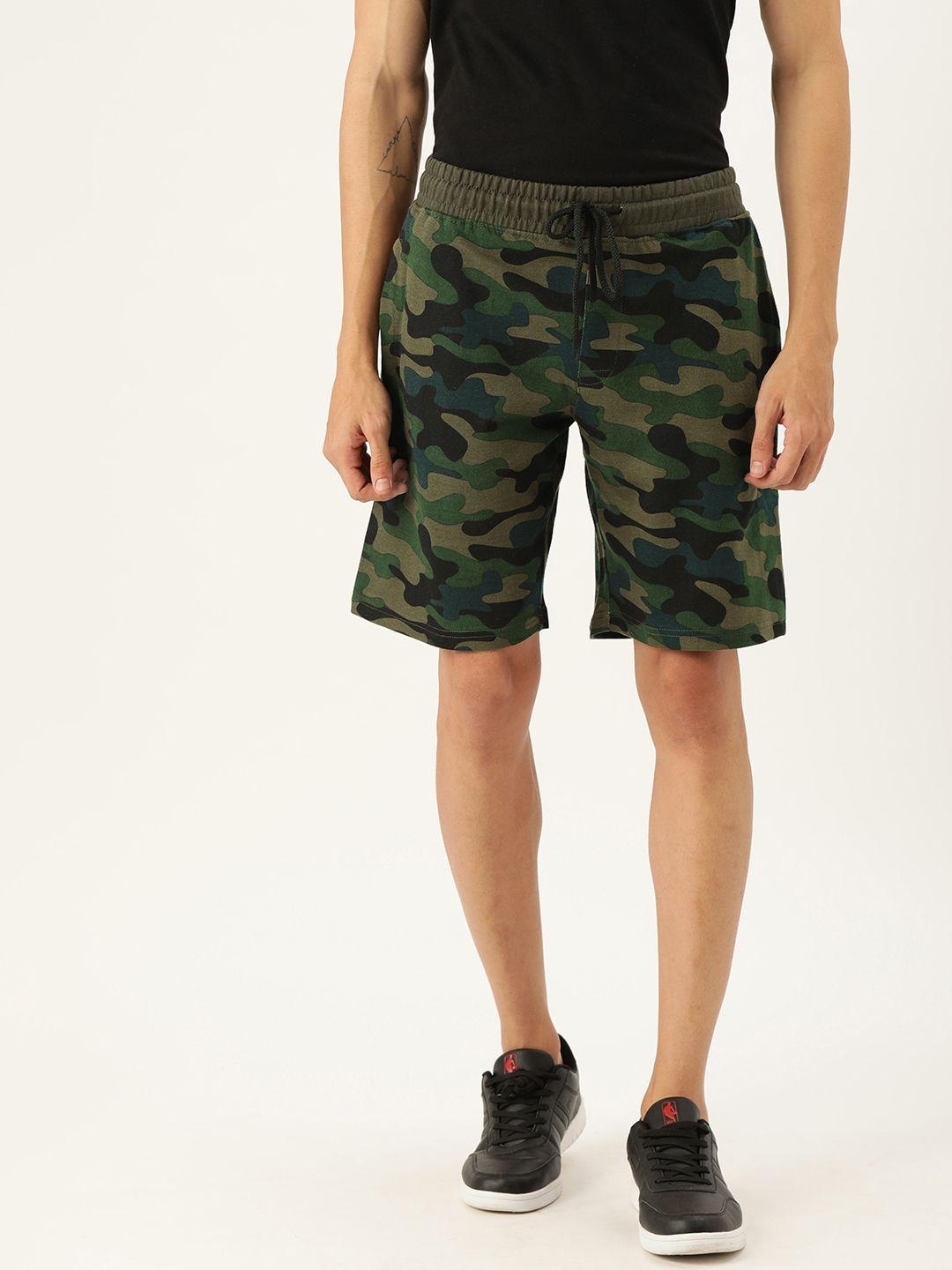 veirdo men olive green & black camouflage printed regular fit regular shorts