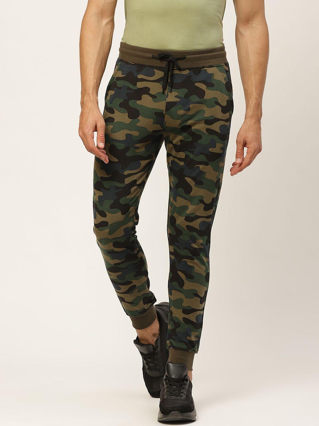 veirdo men olive green & blue camouflage printed pure cotton slim fit joggers