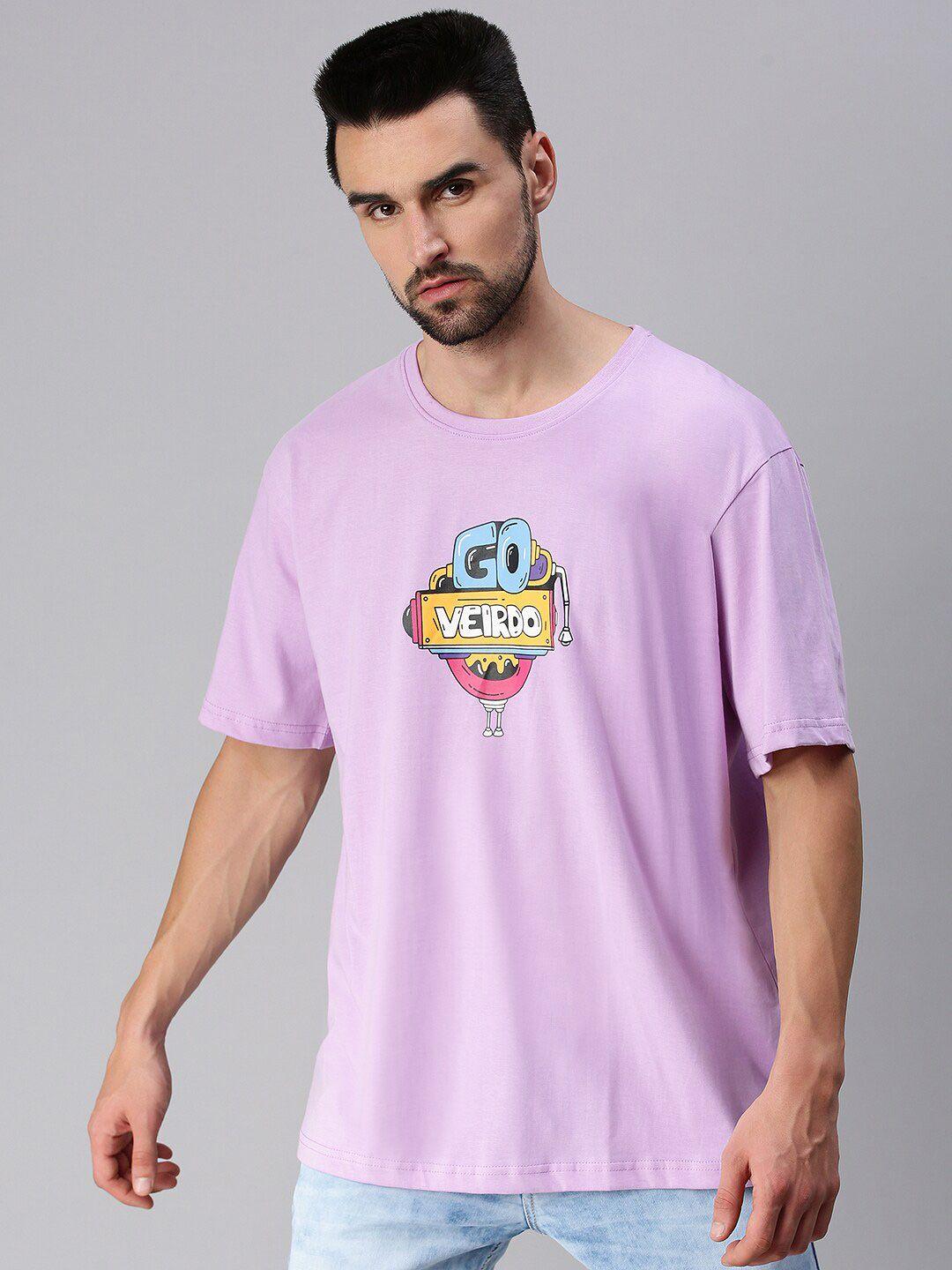 veirdo men purple printed drop-shoulder sleeves raw edge loose t-shirt