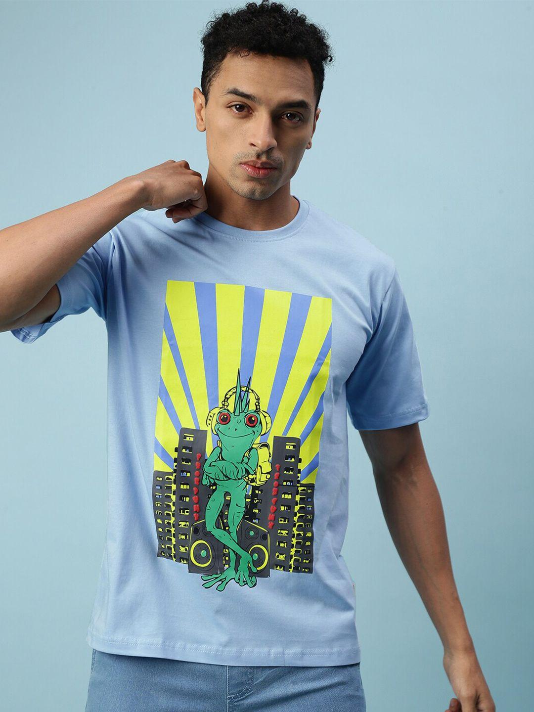 veirdo turquoise blue& green graphic printed cotton loose fit t-shirt