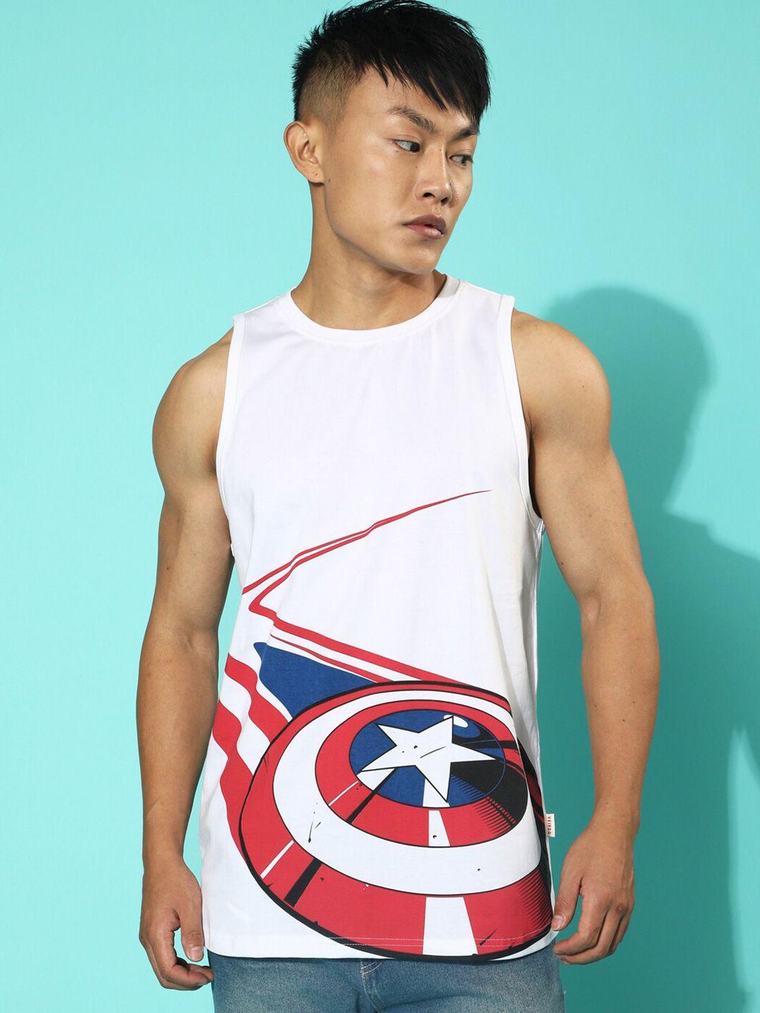 veirdo white & red superhero captain america printed sleeveless cotton t-shirt