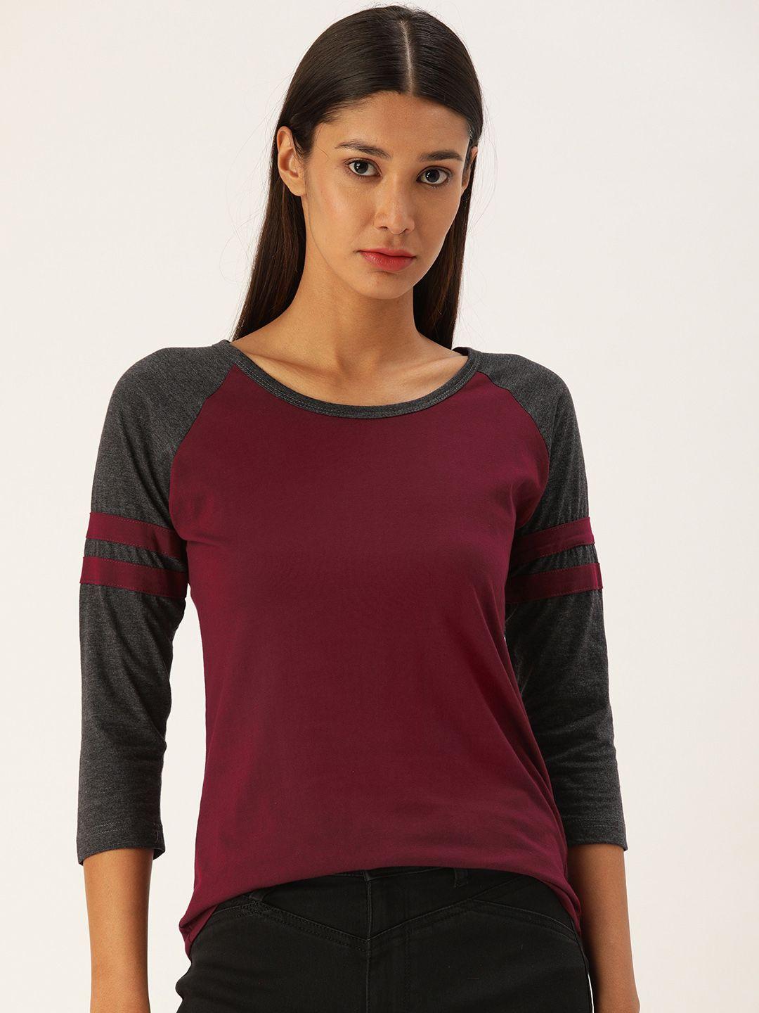 veirdo women maroon & charcoal grey solid round neck t-shirt