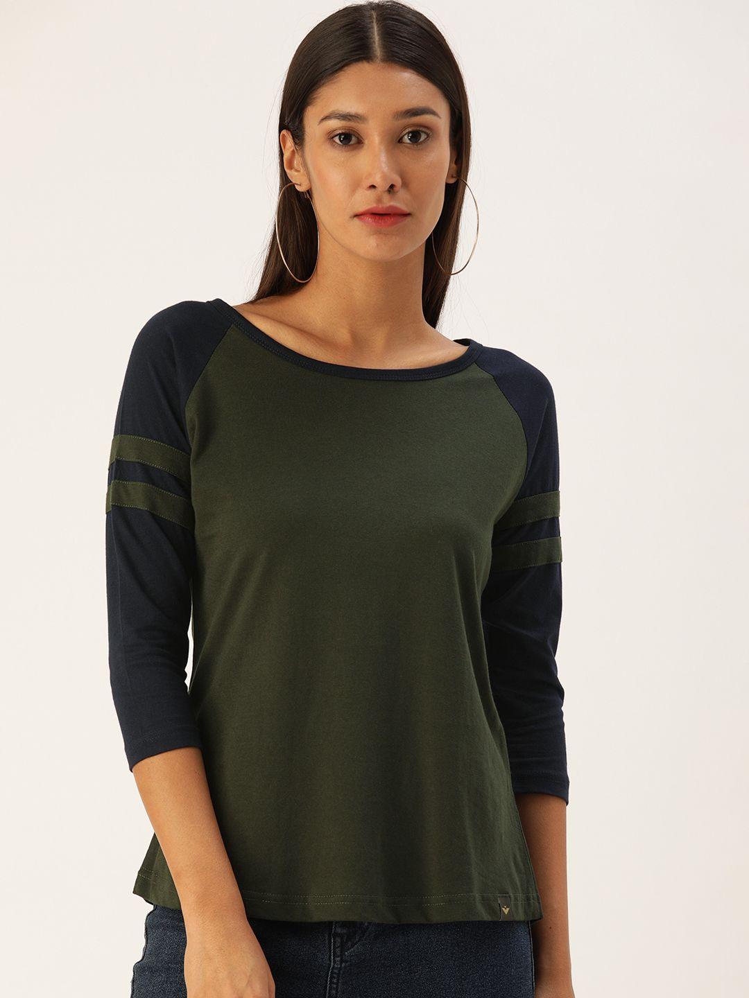 veirdo women olive green & navy blue solid round neck t-shirt