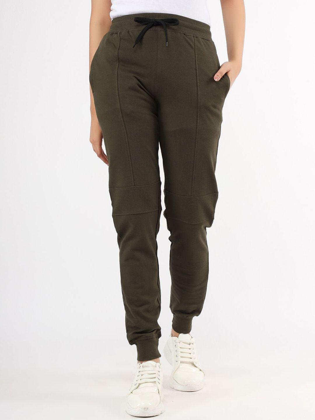 veirdo women olive green solid slim-fit cotton joggers