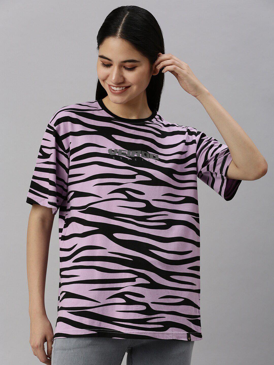 veirdo women purple & black striped drop-shoulder sleeves loose t-shirt